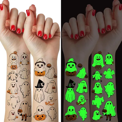 60 piezas de tatuajes temporales de Halloween que brillan en la oscuridad para niños, calcomanías luminosas de fantasma, monstruo para niños,