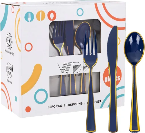 Miniatura 11 de WDF 180 cubiertos de plástico plateado – cubiertos de plástico plateado – cubiertos de plástico elegante resistente – 60 tenedores, 60 cuchillos, 60