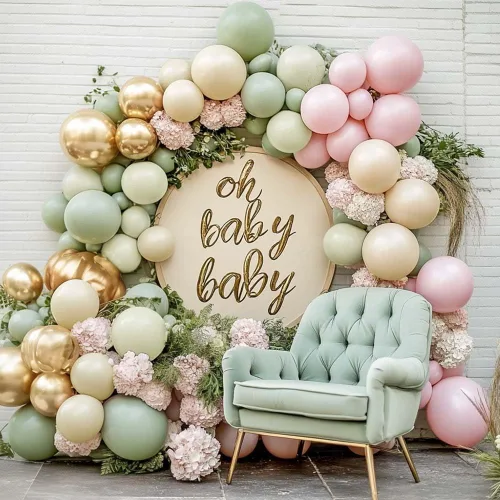 Miniatura 9 de Kit de arco de globos de color azul polvoriento, guirnalda de globos de látex de doble relleno, verde salvia, blanco mate, globos de látex para baby
