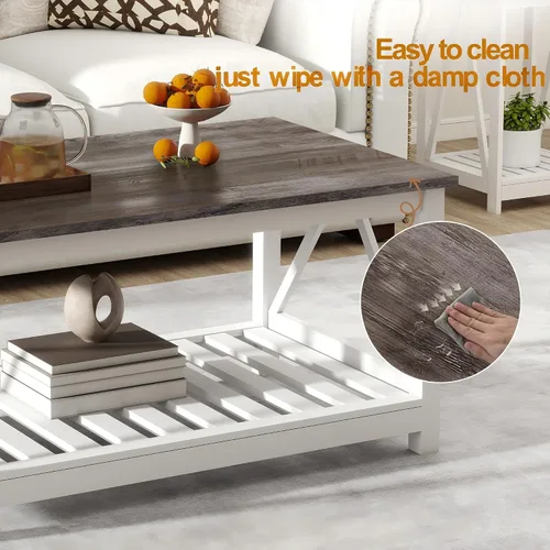 Miniatura 5 de Mesa de café de granja, mesa de café de roble blanco para sala de estar, mesa de centro rectangular de madera de 2 niveles con estante de listones