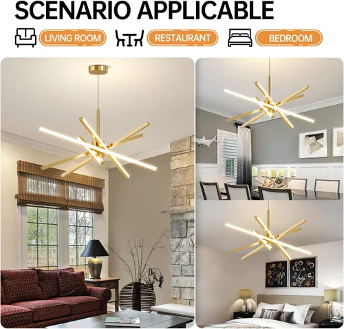 Miniatura 6 de Lámpara de araña Sputnik moderna de techo LED dorada de 82W, luz colgante de montaje empotrado, lámparas de araña para comedor, luminarias sobre 5
