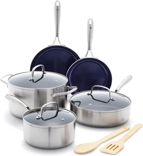 Blue Diamond HD Stainless Steel Clad Pro - Juego de ollas y sartenes de 10 piezas, cerámica antiadherente con infusión de diamante, sin PFAS, apto