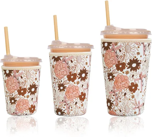 Miniatura 39 de Funda aislante reutilizable para taza de café helado, paquete de 3 fundas de neopreno para bebidas frías y calientes, soporte para bebidas para café
