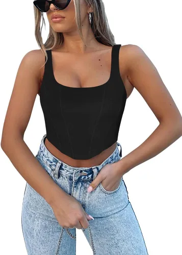 Miniatura 3 de REORIA - Camiseta corta sin mangas con cuello cuadrado sexy para mujer