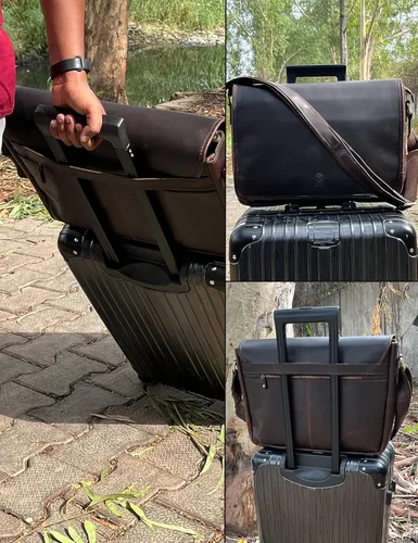 Miniatura 3 de Bolso de mensajero de cuero para hombre, 16 pulgadas, de grano completo, para laptop, vintage, cruzado, oficina, bolso de viaje Marrón oscuro