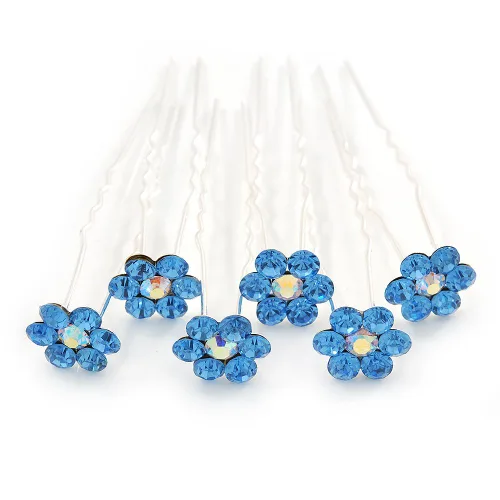 Juego de 6 horquillas para novia/boda/baile/fiesta de cristal austriaco azul cielo margarita flor en tono plateado