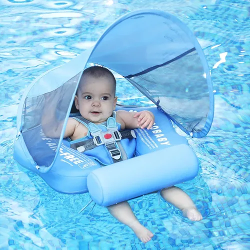 Miniatura 6 de Mambobaby - Flotador de piscina para bebé no inflable con cola y toldo, protección solar UPF 50+, sin volteo, flotador de natación para bebé, Azul
