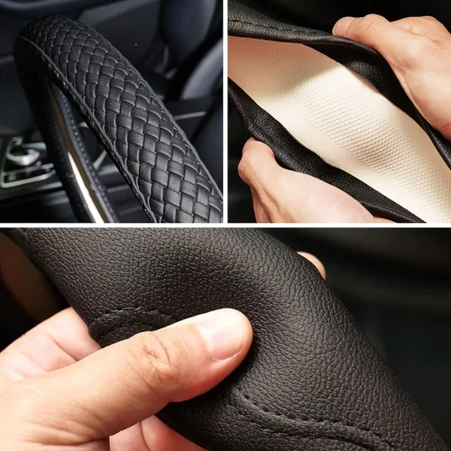Miniatura 8 de Moyishi Funda de cuero superior para volante, ajuste universal, suave y transpirable, color negro