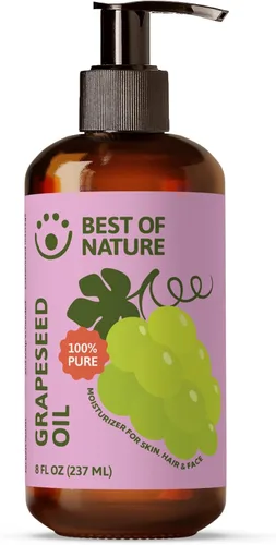 Best of Nature Aceite corporal y masaje de semilla de uva 100% puro, sin perfume, ligero y no graso para cabello, piel, cara y aceite portador de