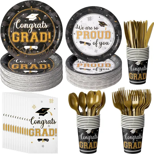 Suministros para fiesta de graduación, juego de platos y servilletas de graduación de felicitaciones, vajilla desechable, platos de papel,