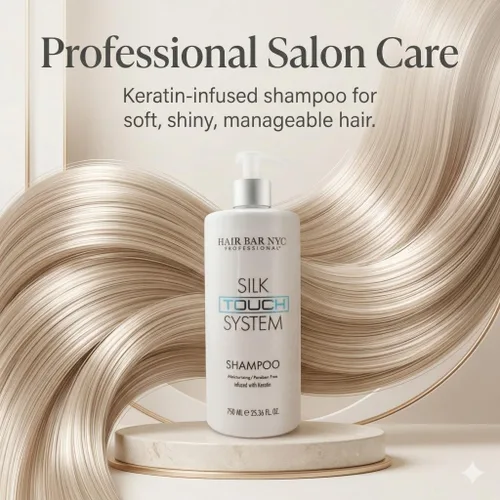Miniatura 8 de Hair Bar NYC Silk Touch System Keratin Care Champú alisador con queratina pura y biotina para cabello tratado químicamente y coloreado, 25.36