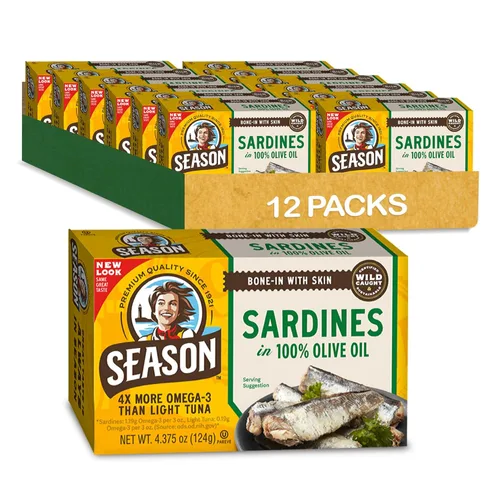 Season Sardinas en aceite de oliva – capturadas en la naturaleza, 0.78 oz de proteína, bocadillos Keto, más Omega 3 que atún, Kosher, alto en