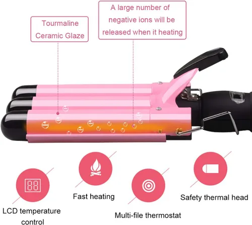 Miniatura 4 de Plancha rizadora de 3 barriles de cerámica con pantalla LCD y herramienta de doble voltaje para mujeres, ondas de playa con temperatura ajustable