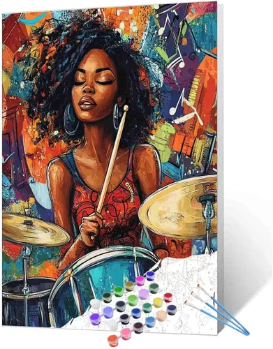 Miniatura 16 de Pintura de niña afro a la moda, kits de pintura por números, 16 x 20 pulgadas, lienzo de hojas tropicales, pintura al óleo para niños y adultos