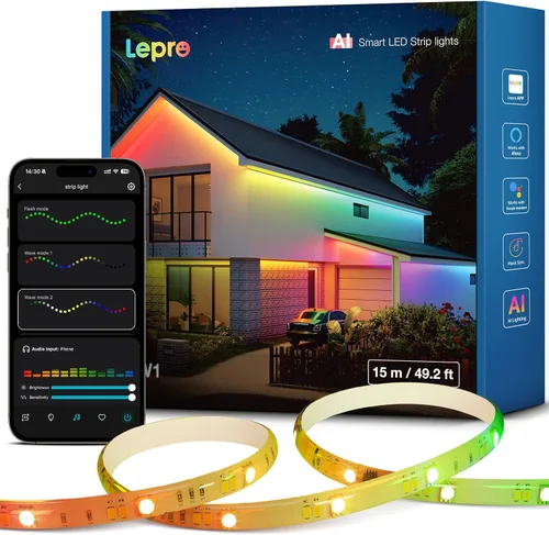Miniatura 11 de Lepro SW1 AI - Tira de luces LED inteligentes para exteriores, tiras de luz RGBCW impermeables IP65 de 32.8 pies, 2700K-5700K blanco cálido