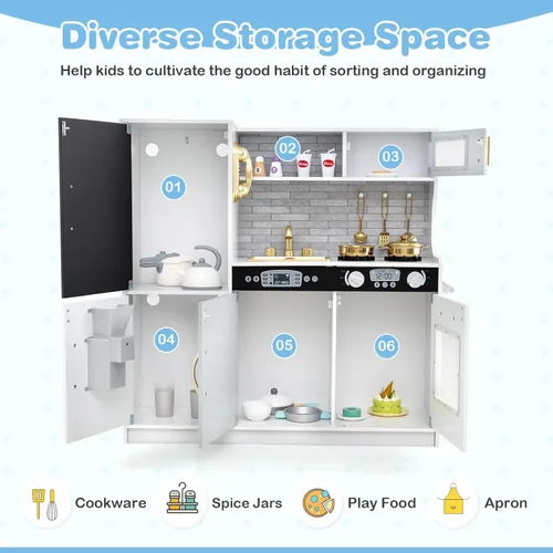 Miniatura 8 de MAT EXPERT Juego de cocina para niños, cocina de juguete de chef de madera con pizarra, máquina de hielo, accesorios de utensilios de cocina