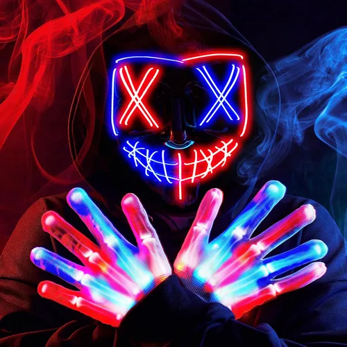JOYIN Máscara LED de Halloween, máscara de luz y guantes para disfraz de cosplay (rojo y azul), 3 modos de máscaras aterradoras que brillan en la