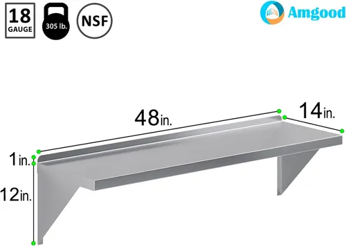 Miniatura 3 de AmGood Estante de pared de acero inoxidable de 14 x 48 pulgadas Estantería de metal para electrodomésticos y equipos Cocina, restaurante