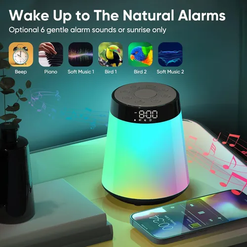 Miniatura 7 de Reloj Despertador Sunrise con Luz de Despertar y Máquina de Ruido Blanco - 21 Sonidos Relajantes, 12 Luces Nocturnas Regulables de Colores, Altavoz