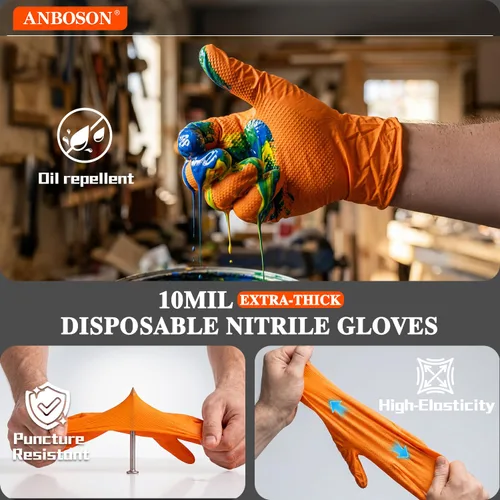 Miniatura 3 de ANBOSON Guantes de nitrilo desechables de 10 mil de goma naranja resistente a los productos químicos, guantes de mecánico resistentes, sin látex