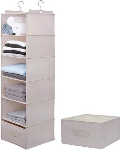 Miniatura 16 de Organizador colgante grande de suéter para armario, estantes colgantes plegables de 6 estantes con cajones, lavable (beige, 6 estantes)