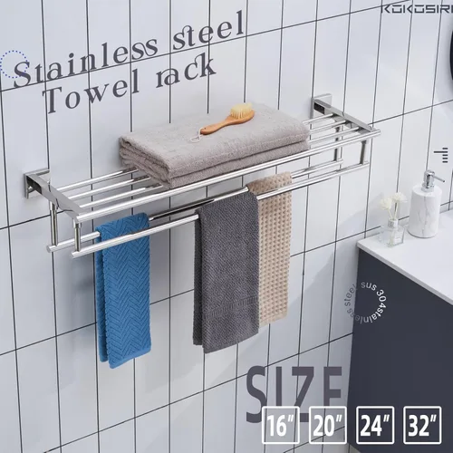 Miniatura 6 de KOKOSIRI Estante para Toallas de Baño, Porta Toallas de 32 Pulgadas con Barras de Toallas Dobles Montado en Pared, Acero Inoxidable Pulido Cromado