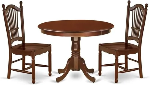 East West Furniture HLDO3-MAH-W Juego de mesa y sillas de cocina de 3 piezas contiene una mesa de comedor redonda con pedestal y 2 sillas de