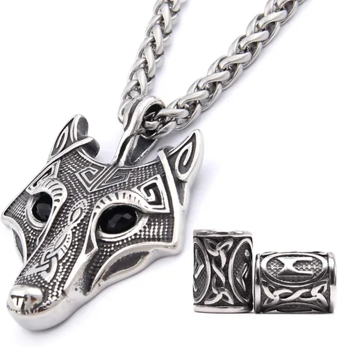 Gungneer Collar con colgante de lobo vikingo Fenrir para hombres y mujeres, cadena de trigo de acero inoxidable, amuleto nórdico, talismán