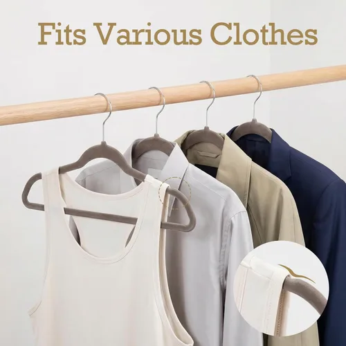 Miniatura 5 de HOUSE DAY Paquete de 60 perchas de terciopelo color taupe, perchas de fieltro antideslizantes para ropa de uso pesado para abrigo, perchas delgadas