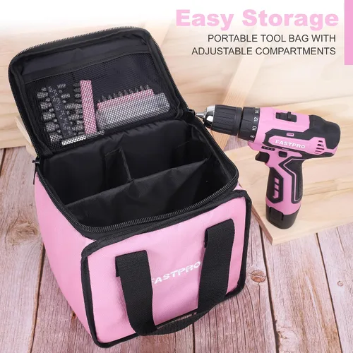 Miniatura 6 de FASTPRO Kit de taladro rosa de 42 piezas de 12 V, taladro inalámbrico de 3/8 pulgadas con baterías de 1.5 Ah, cargador y bolsa de herramientas