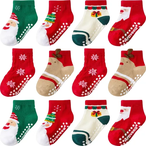 Miniatura 9 de Calcetines antideslizantes con agarre para tobillos, paquete de 12 unidades para niños pequeños, niños y niñas, lindos calcetines de algodón