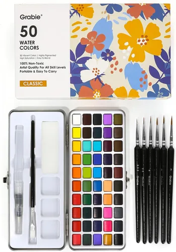 Grabie Juego de pintura de acuarela, ideal para pintar, 50 colores, pincel de detalles incluido, suministros de arte para artistas, aficionados, 50
