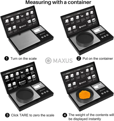 Miniatura 4 de MAXUS - Báscula digital de gramos 1000 g/0.1 g, báscula pequeña de alimentos con LCD retroiluminada, mini báscula de bolsillo para joyería Negro mate