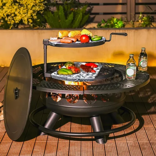 Miniatura 2 de Fogata de 36 pulgadas con 2 parrillas de cocción, hoguera de leña al aire libre con tapa, hoguera 3 en 1 al aire libre para patio trasero, terraza