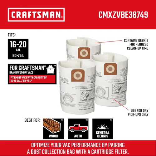 Miniatura 2 de CRAFTSMAN CMXZVBE38749 - Bolsas de recolección de polvo para aspiradora de uso general en seco y húmedo para la mayoría de aspiradoras CRAFTSMAN