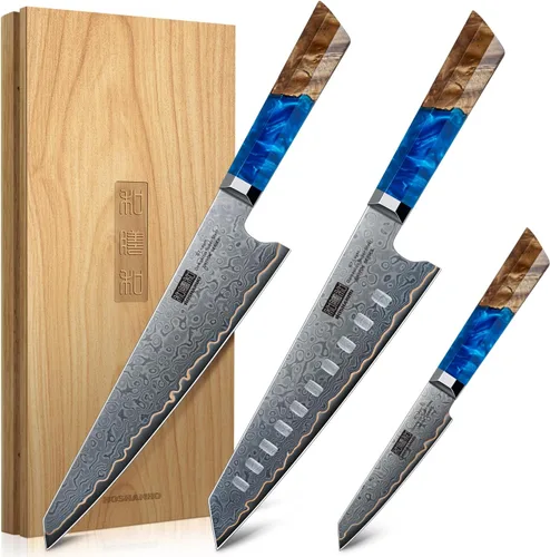 Miniatura 8 de HOSHANHO Cuchillo Santoku de Damasco de 7 pulgadas, cuchillo de chef de acero de Damasco de 67 capas, cuchillos de cocina profesionales ultra