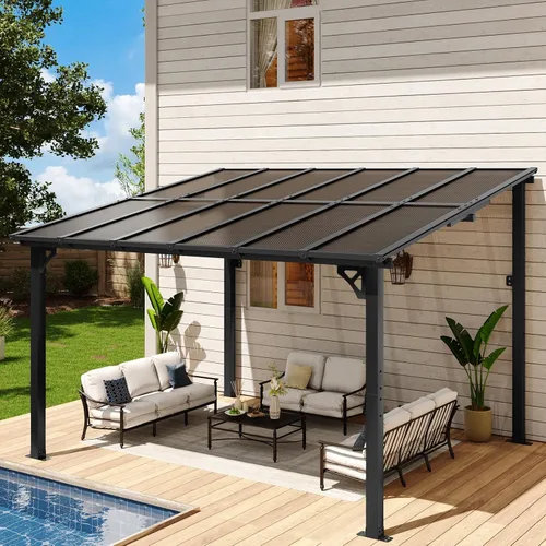 Miniatura 19 de Aoxun Pérgola de 8 x 5 pies para patio, cenador con techo inclinado, pérgola para parrilla grande montada en la pared, toldos resistentes
