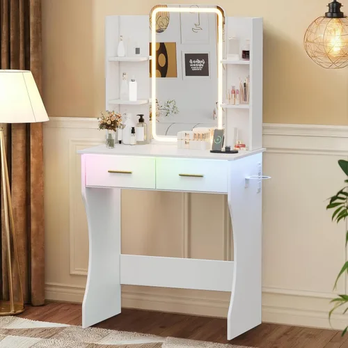 Miniatura 11 de BORNOON Escritorio de tocador con espejo y luces, pequeño escritorio de maquillaje con estación de carga, mesa de tocador de dormitorio con cajones
