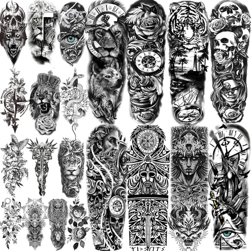 COKTAK 21 hojas de tatuajes temporales negros extra grandes para mujeres y adultos, mito griego con 8 hojas de manga de tatuaje temporal de brazo