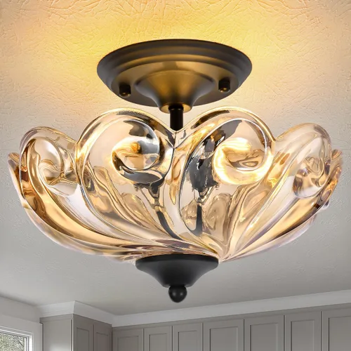 Miniatura 14 de Lámpara de techo moderna semiempotrada, 3 luces doradas para cerca del techo con pantalla de vidrio verde para sala de estar, entrada, dormitorio