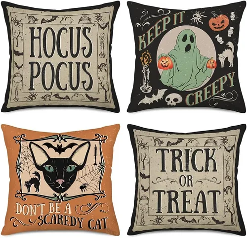 Juego de 4 fundas de almohada de Halloween de 24 x 24 pulgadas, decoración vintage de Halloween, fantasma, gato negro, truco o trato, decoración del