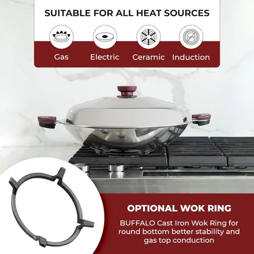 Miniatura 6 de BUFFALO Sartén para wok de acero inoxidable con tapa, parte inferior redonda de 14 pulgadas (13.8 in), utensilios de cocina antiadherentes de tres