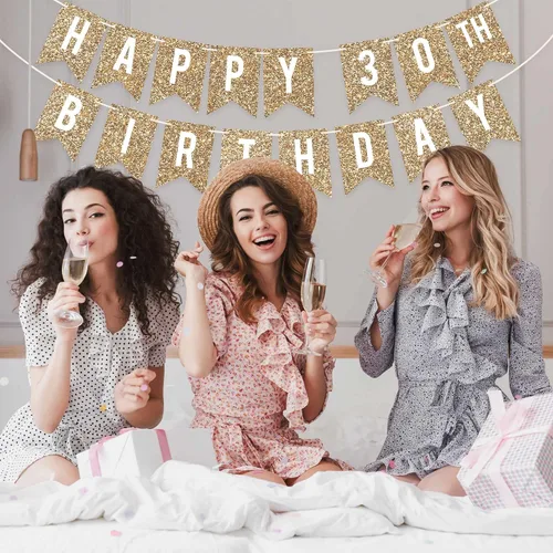 Miniatura 2 de Cartel de feliz cumpleaños número 30 pre-encordado – No DIY – Cartel de fiesta de 30 cumpleaños con purpurina dorada – Guirnalda preencordada