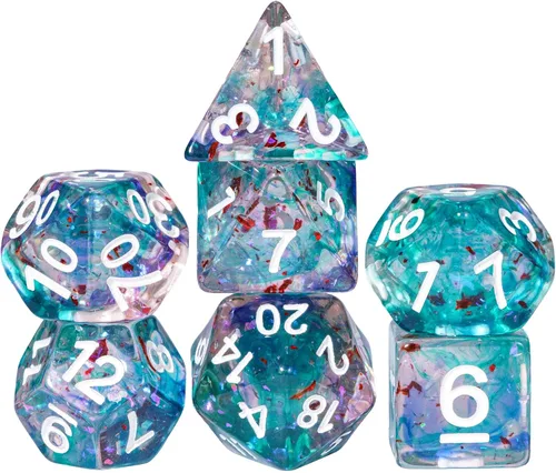 Miniatura 39 de Juego de dados de resina para DND, juego de 7 dados poliédricos negros D&D rellenos con papel de colores brillantes para juegos de rol