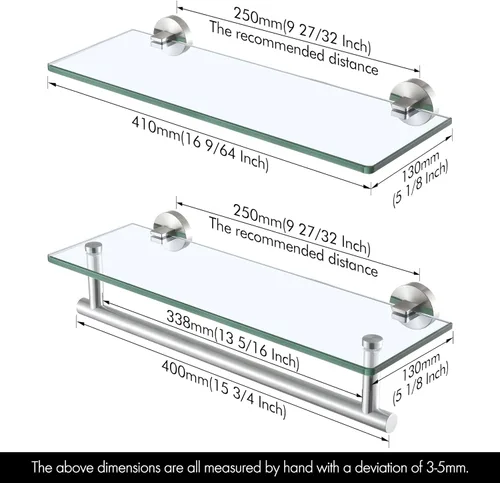 Miniatura 2 de KES Estantes de vidrio para baño, estante de baño flotante de vidrio de 16 pulgadas con barra, paquete de 2 unidades de montaje en pared SUS 304