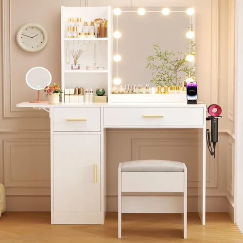 Miniatura 10 de ERLEJIA Escritorio de tocador con espejo y luces, escritorio de maquillaje de 43.3 pulgadas con taburete y toma de corriente, 5 cajones y estantes