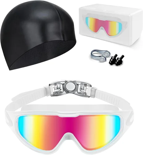 Gafas de natación antivaho anti UV, visión amplia y sin fugas, gafas de natación y gorro de natación para hombres, mujeres, adultos y jóvenes Blanco