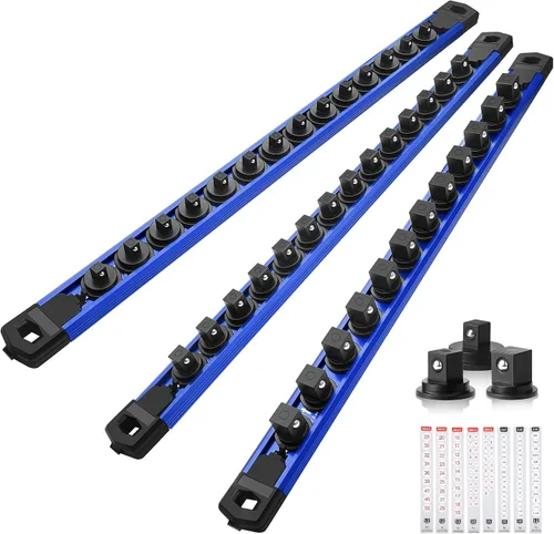 Miniatura 18 de Reniteco Juego de organizador de enchufes magnéticos, 3 piezas de 1/2 pulgada 3/8 pulgadas 1/4 pulgadas de aleación de aluminio con 40 clips Negro