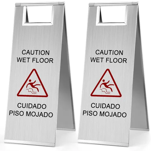 Miniatura 12 de Kigley 2 piezas señal de piso mojado, señal de precaución de piso mojado de acero inoxidable de 24 pulgadas, doble cara, portátil, plegable, señal