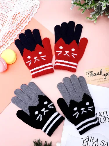 Miniatura 7 de 2 pares de guantes de invierno para niños, guantes de punto de dedo completo, guantes elásticos cálidos para niños y niñas, suministros